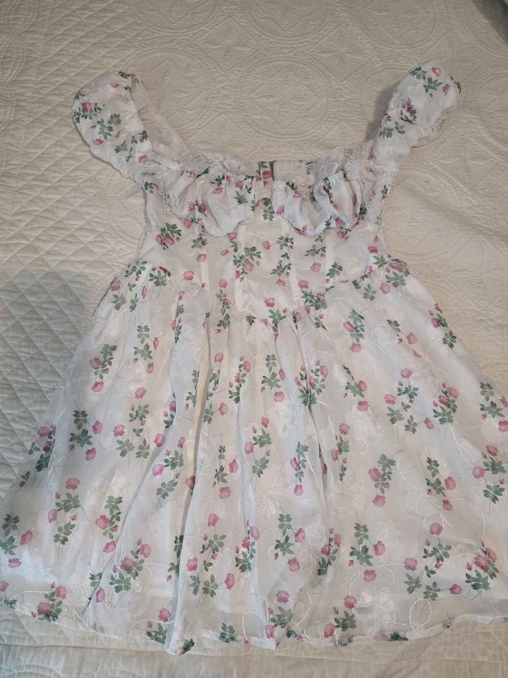 For Love & Lemons White Mini Dress with Pink Rose Print